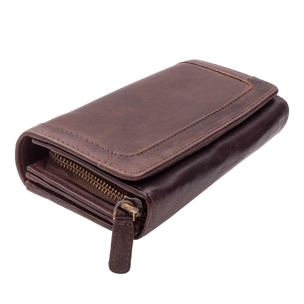 Damen Geldbörse aus Echtleder mit RFID-Schutz, Braun, 19 × 10 × 4 cm, 17 Kartenfächer, Reißverschluss