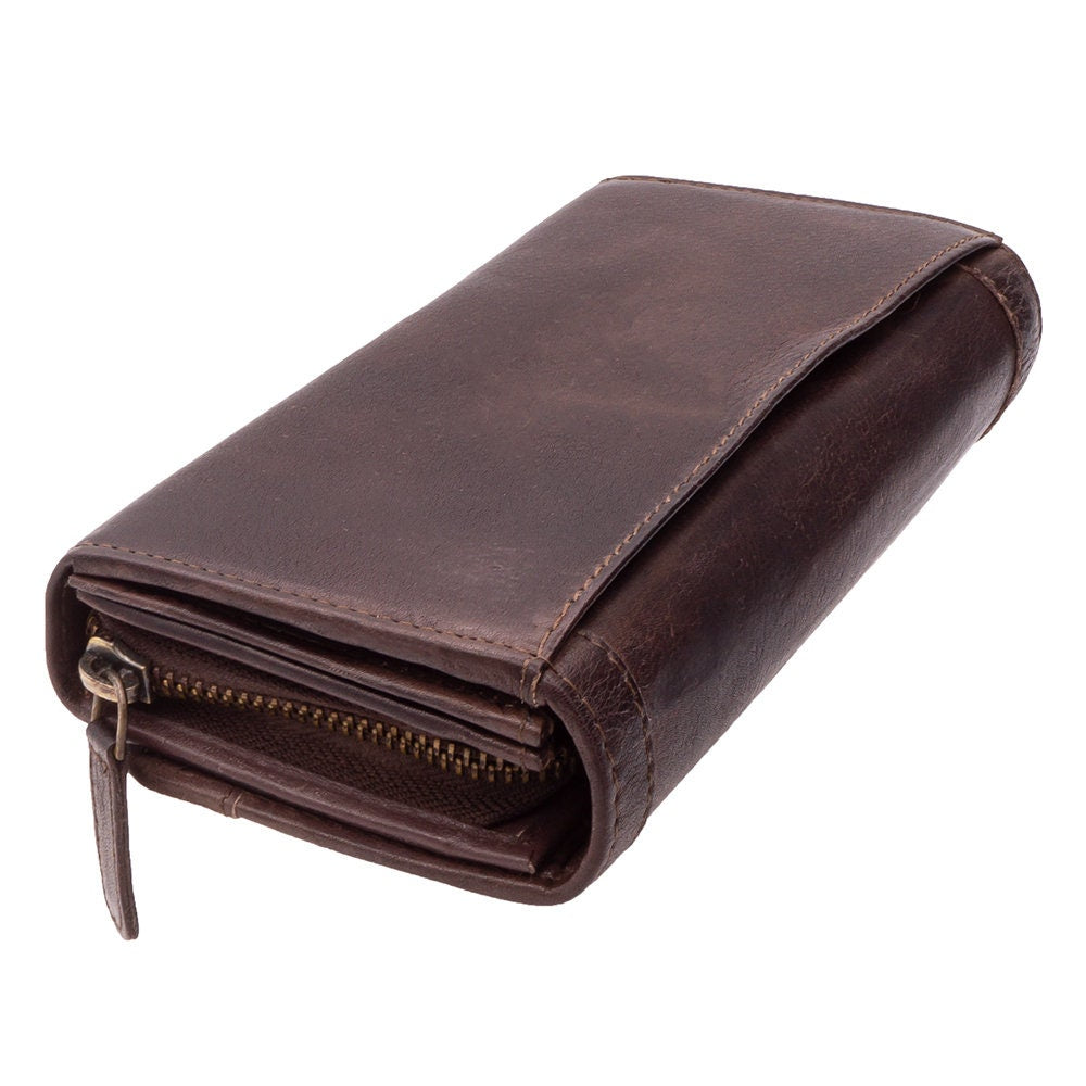 Damen Geldbörse aus Echtleder mit RFID-Schutz, Braun, 19 × 10 × 4 cm, 17 Kartenfächer, Reißverschluss