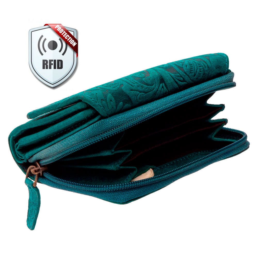 Damen Geldbörse Echtleder mit RFID-Schutz – Petrol/Türkis, Blumenprägung, 14 × 9,5 × 4 cm, viele Fächer