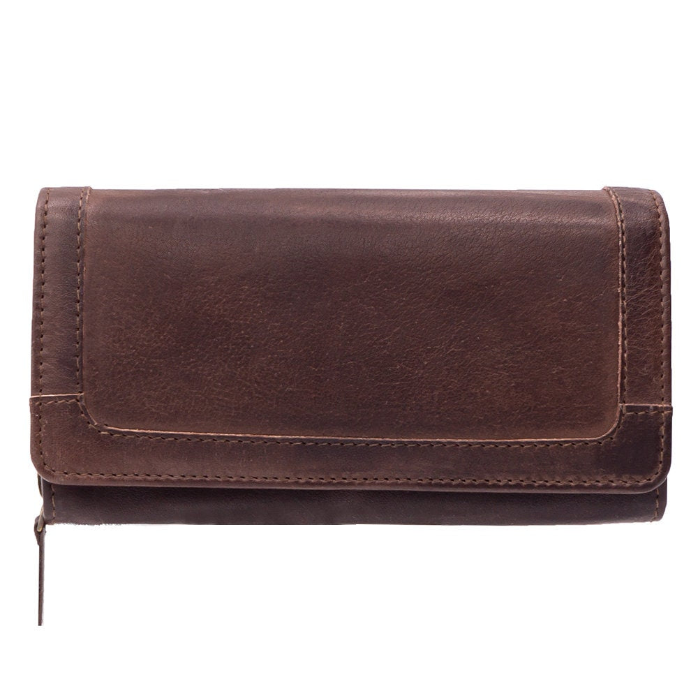 Damen Geldbörse aus Echtleder mit RFID-Schutz, Braun, 19 × 10 × 4 cm, 17 Kartenfächer, Reißverschluss