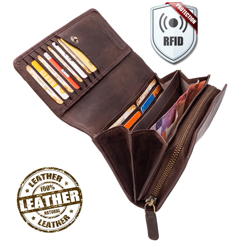 Damen Geldbörse aus Echtleder mit RFID-Schutz, Braun, 19 × 10 × 4 cm, 17 Kartenfächer, Reißverschluss
