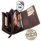 Damen Geldbörse aus Echtleder mit RFID-Schutz, Braun, 19 × 10 × 4 cm, 17 Kartenfächer, Reißverschluss
