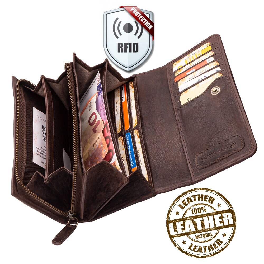Damen Geldbörse aus Echtleder mit RFID-Schutz, Braun, 19 × 10 × 4 cm, 17 Kartenfächer, Reißverschluss