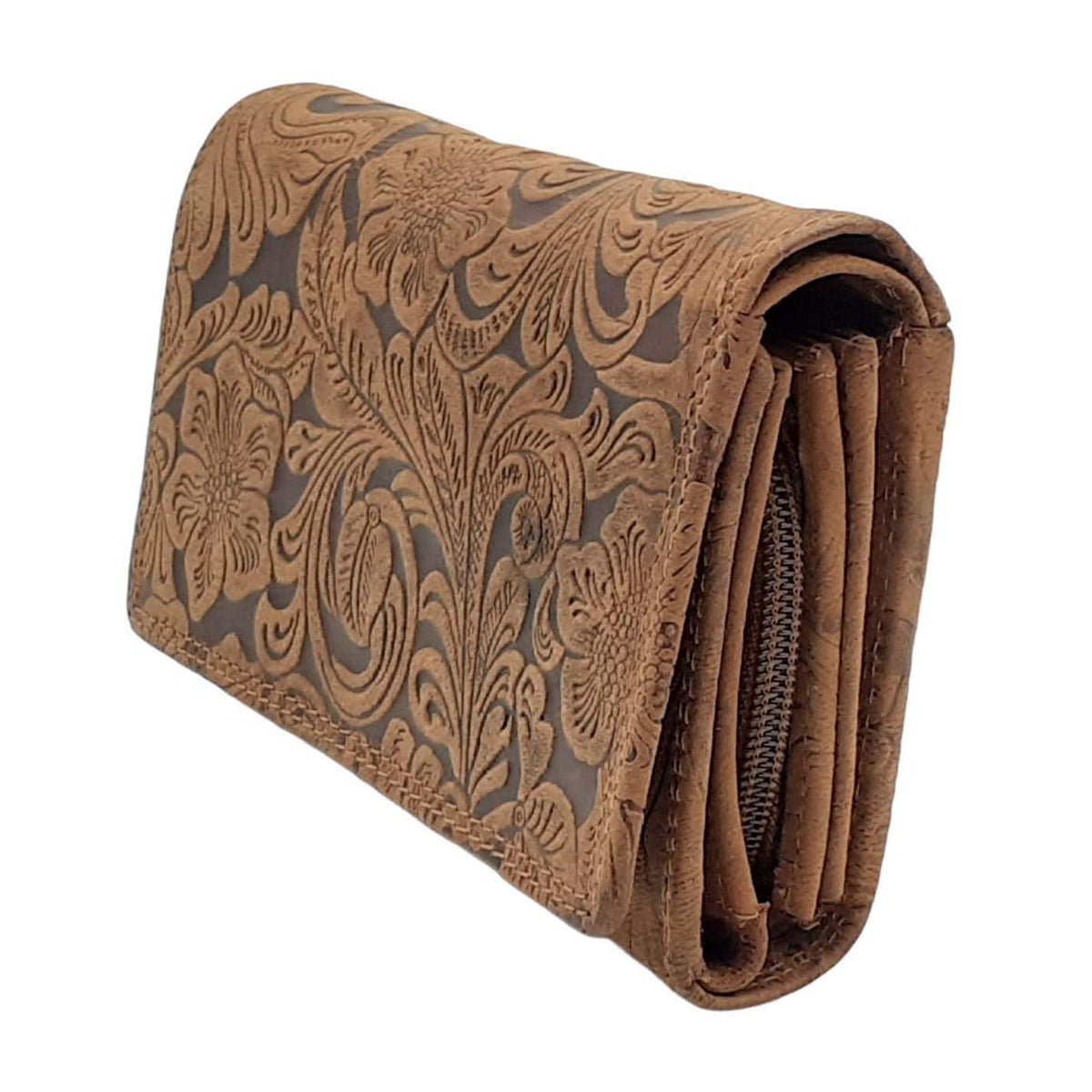 Damen Geldbörse aus Echtleder mit RFID-Schutz, Braun, 15 × 10 × 4,5 cm, 12 Kartenfächer, florale Prägung