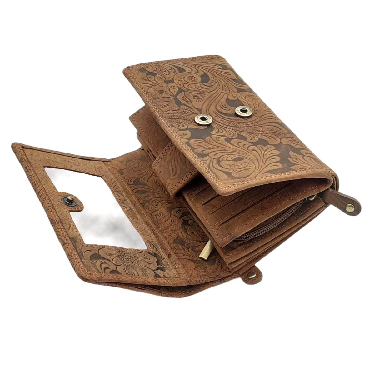 Damen Geldbörse aus Echtleder mit RFID-Schutz, Braun, 15 × 10 × 4,5 cm, 12 Kartenfächer, florale Prägung