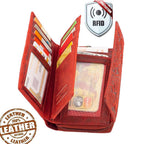Damen Geldbörse aus Echtleder mit RFID-Schutz, Rot, 14 × 10 × 4,5 cm, 12 Kartenfächer, florale Prägung