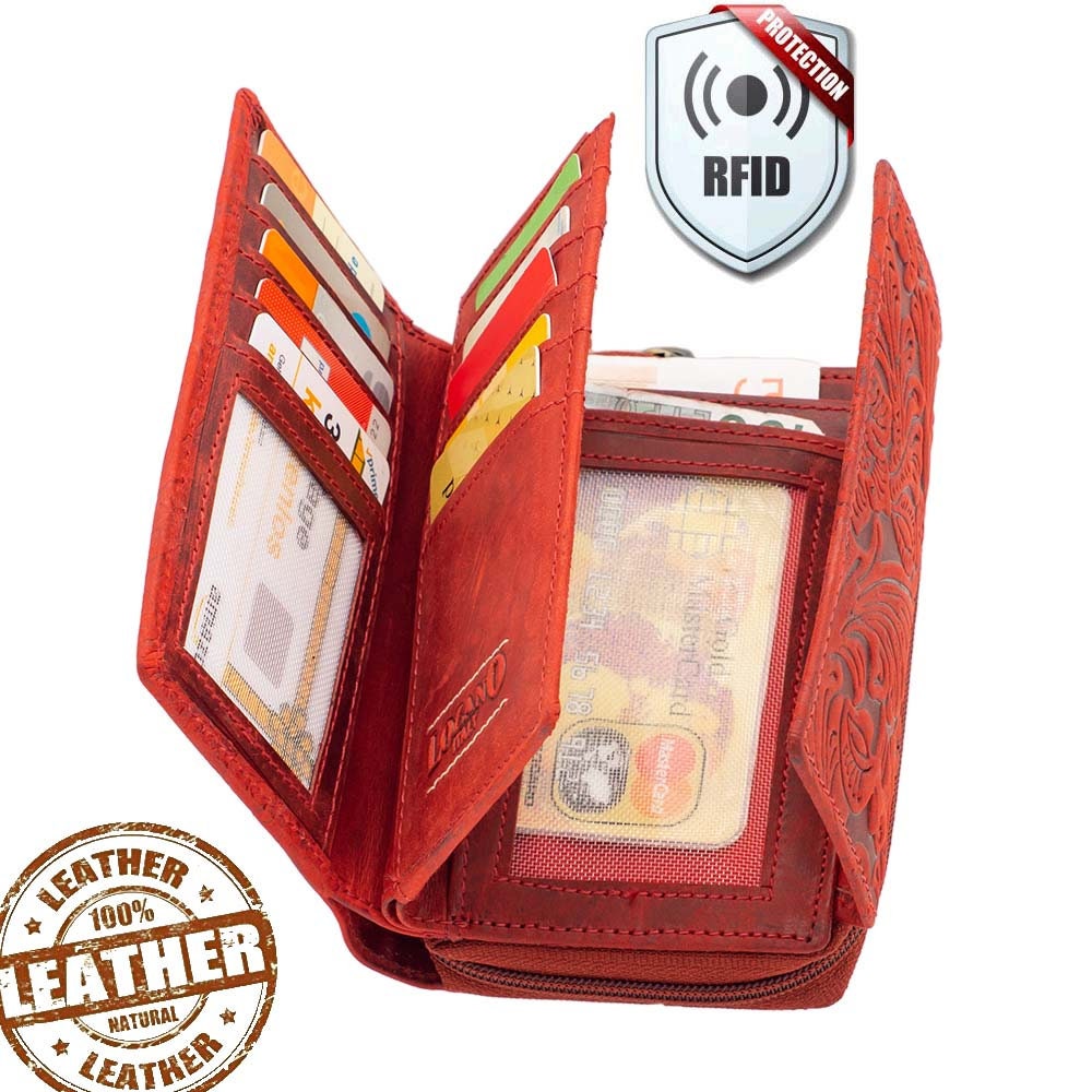 Damen Geldbörse aus Echtleder mit RFID-Schutz, Rot, 14 × 10 × 4,5 cm, 12 Kartenfächer, florale Prägung