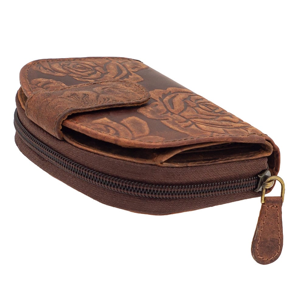 Damen Geldbörse aus Echtleder mit RFID-Schutz, Braun, 11 × 8,5 × 3 cm, Rosenprägung, Reißverschluss