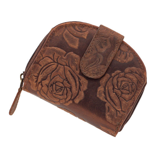 Damen Geldbörse aus Echtleder mit RFID-Schutz, Braun, 11 × 8,5 × 3 cm, Rosenprägung, Reißverschluss