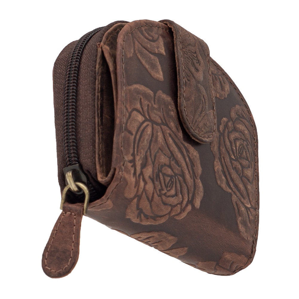 Damen Geldbörse aus Echtleder mit RFID-Schutz, Braun, 11 × 8,5 × 3 cm, Rosenprägung, Reißverschluss