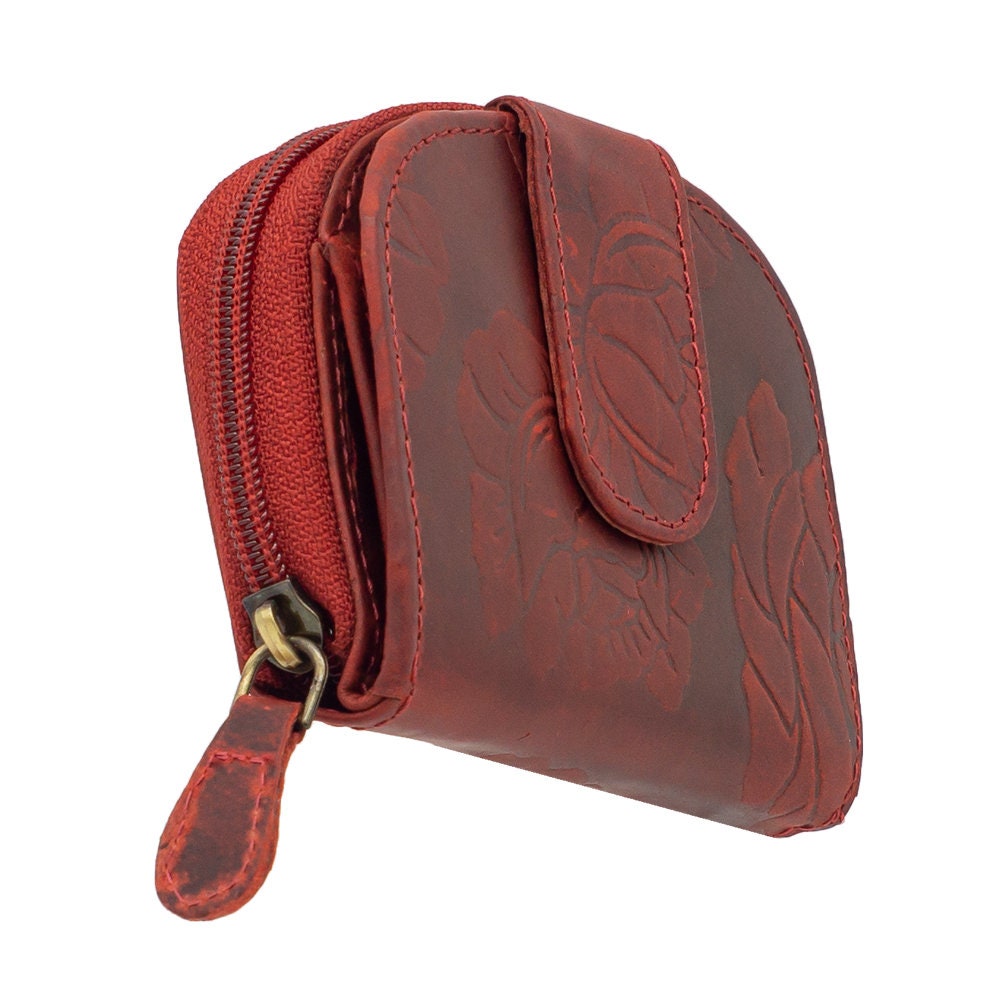 Damen Geldbörse aus Echtleder mit RFID-Schutz, Rot, 11 × 8,5 × 3 cm, Rosenprägung, kompakt