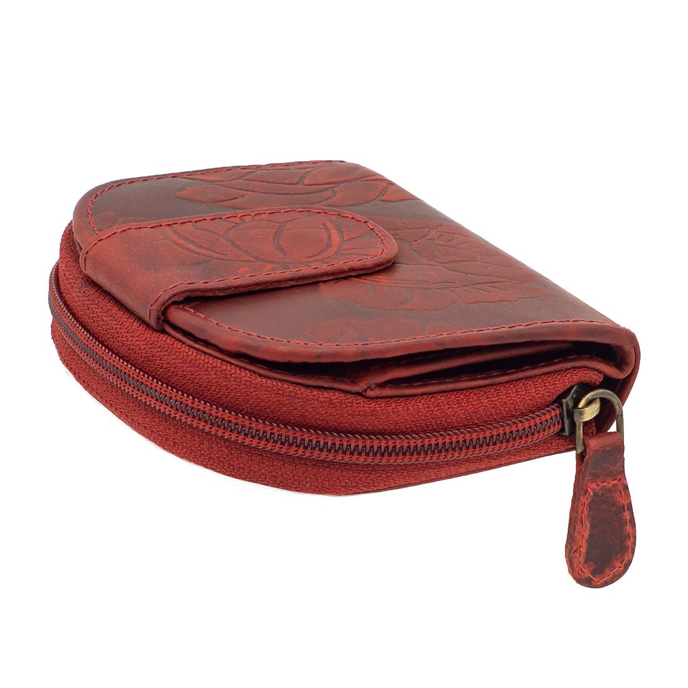Damen Geldbörse aus Echtleder mit RFID-Schutz, Rot, 11 × 8,5 × 3 cm, Rosenprägung, kompakt