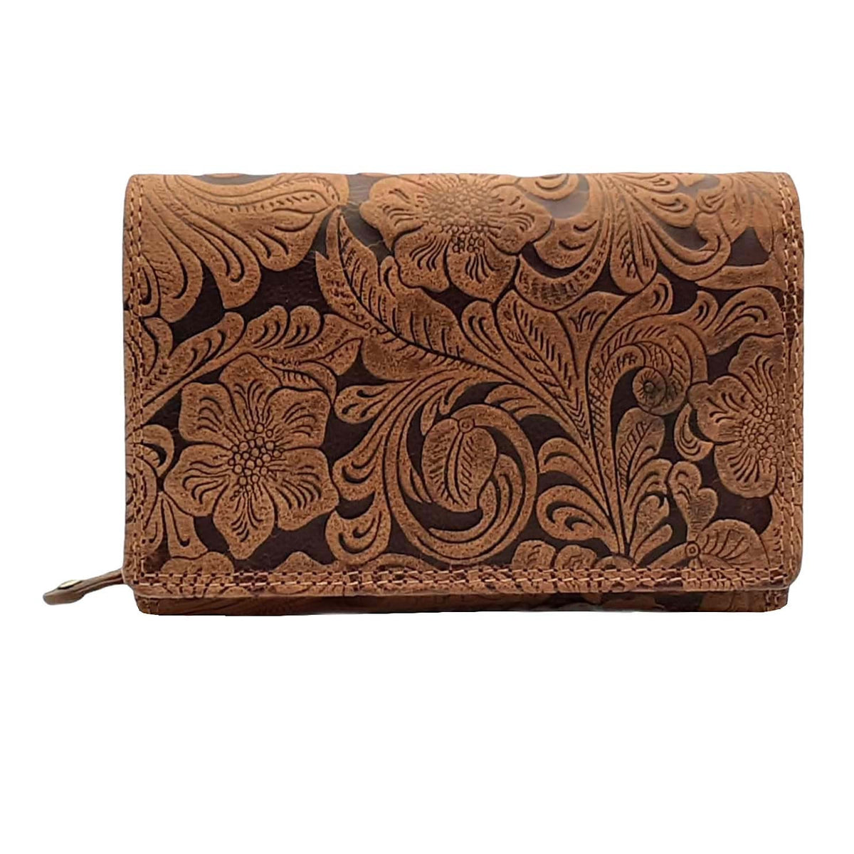 Damen Geldbörse aus Echtleder mit RFID-Schutz, Braun, 15 × 10 × 4,5 cm, 12 Kartenfächer, florale Prägung