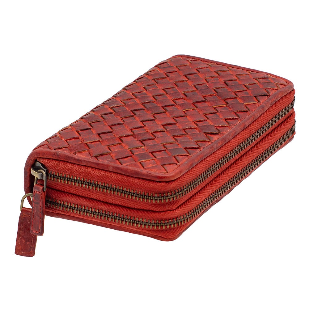 Damen Geldbörse aus Echtleder mit RFID-Schutz, Rot, 14 × 10 × 4,5 cm, florale Prägung und Reißverschluss