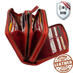 Damen Geldbörse aus Echtleder mit RFID-Schutz, Rot, 14 × 10 × 4,5 cm, florale Prägung und Reißverschluss