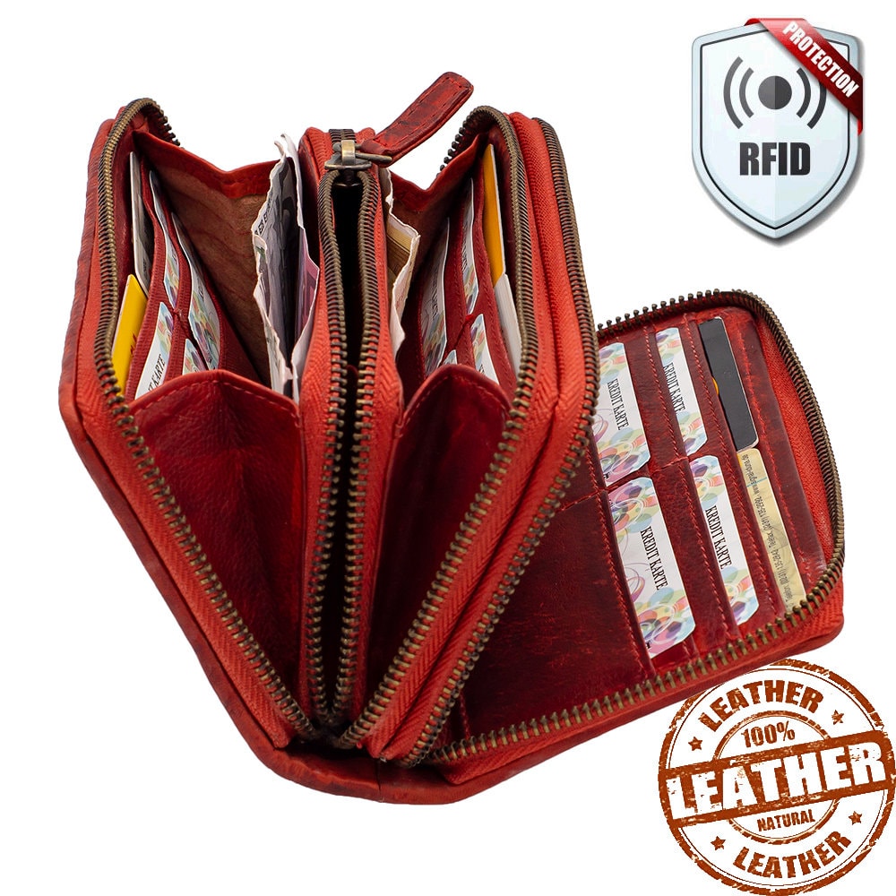 Damen Geldbörse aus Echtleder mit RFID-Schutz, Rot, 14 × 10 × 4,5 cm, florale Prägung und Reißverschluss
