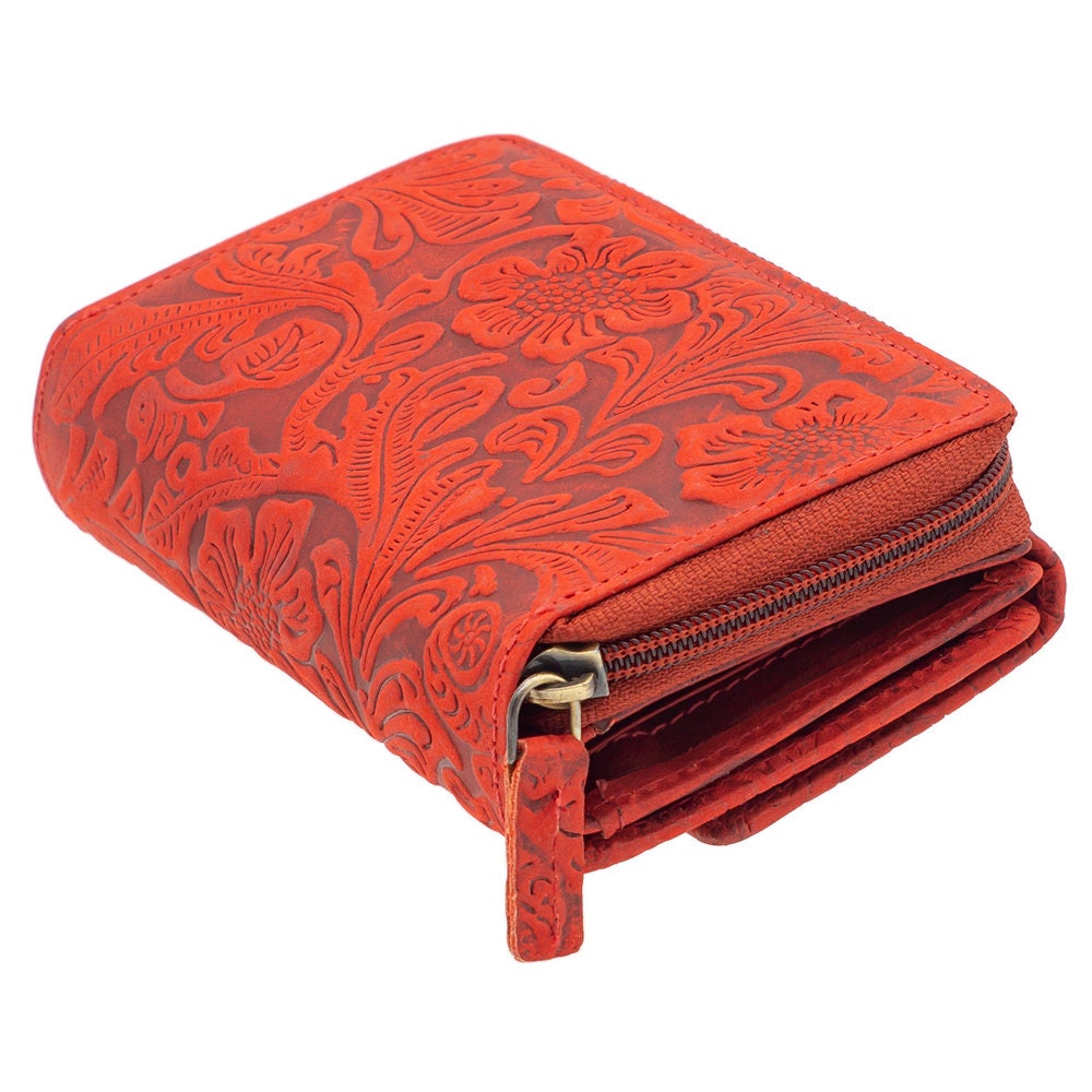 Damen Geldbörse aus Echtleder mit RFID-Schutz, Rot, 14 × 10 × 4,5 cm, 12 Kartenfächer, florale Prägung