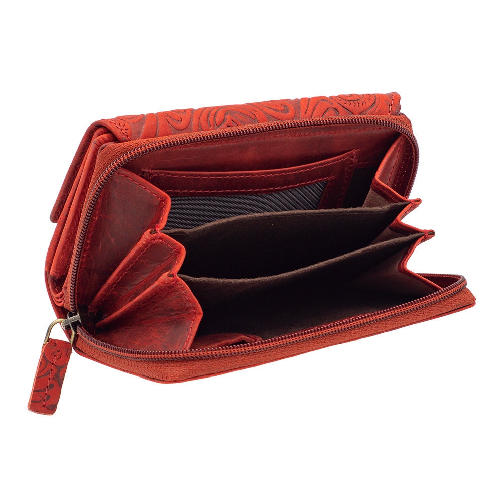 Damen Geldbörse aus Echtleder mit RFID-Schutz, Rot, 14 × 10 × 4,5 cm, 12 Kartenfächer, florale Prägung