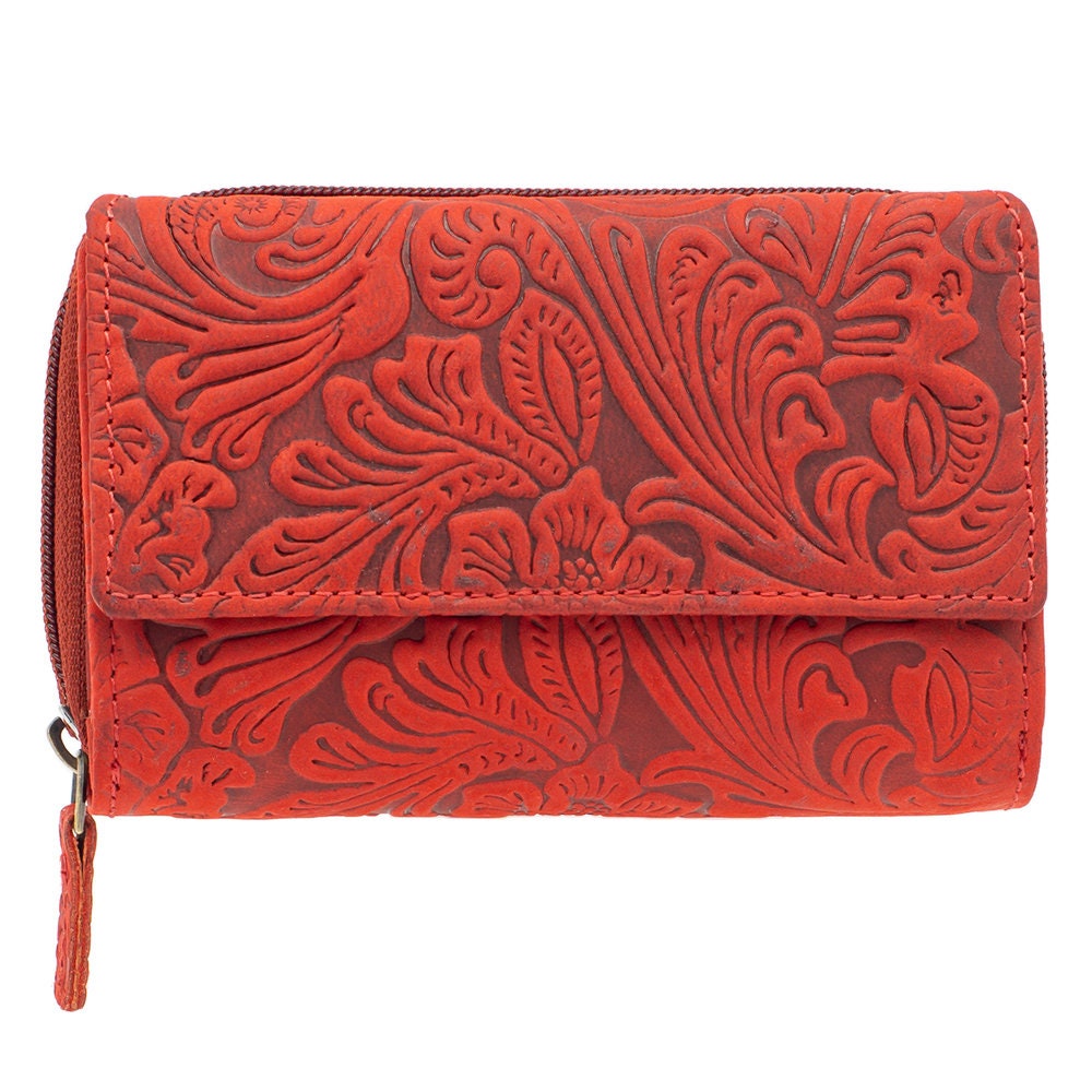 Damen Geldbörse aus Echtleder mit RFID-Schutz, Rot, 14 × 10 × 4,5 cm, 12 Kartenfächer, florale Prägung