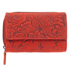 Damen Geldbörse aus Echtleder mit RFID-Schutz, Rot, 14 × 10 × 4,5 cm, 12 Kartenfächer, florale Prägung
