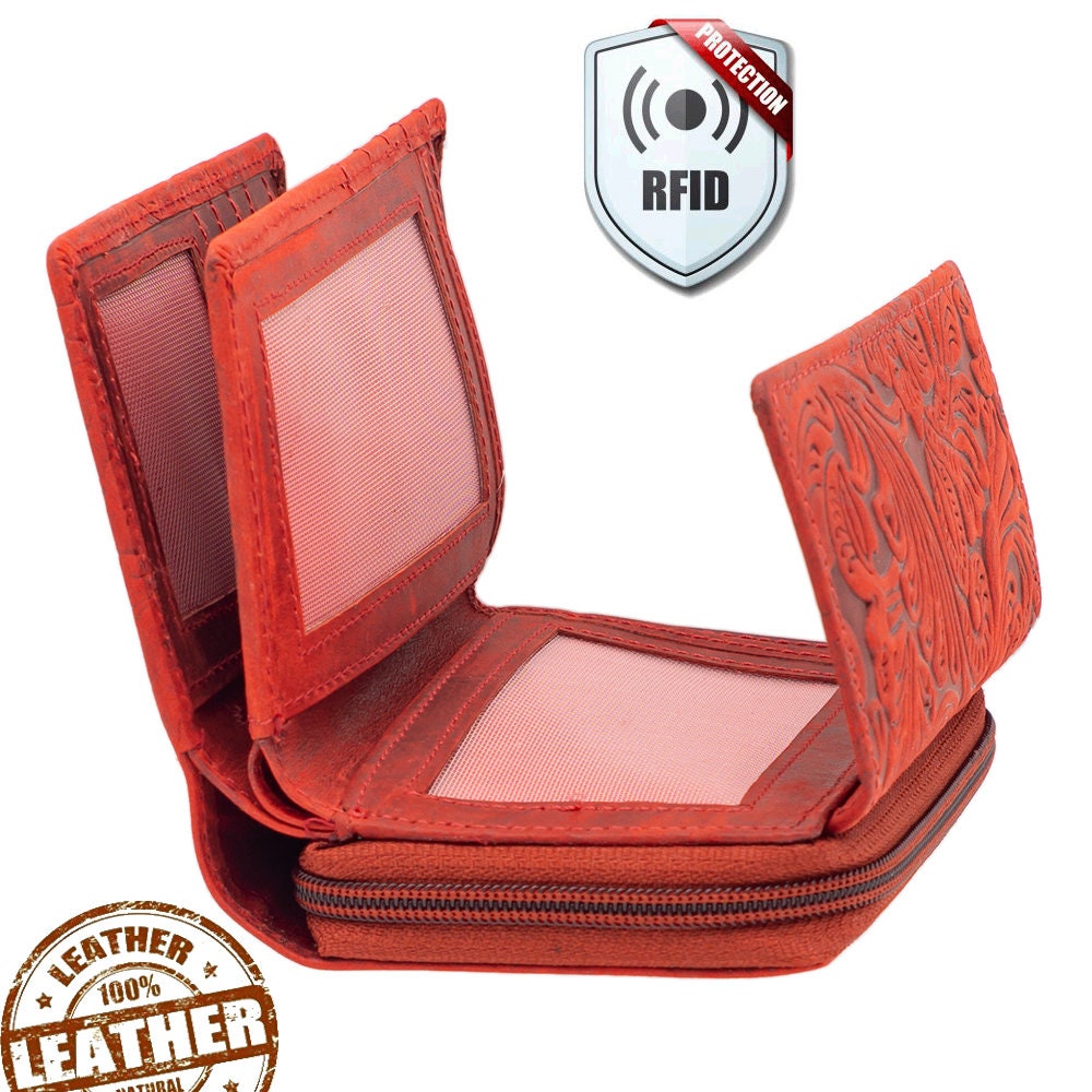 Damen Geldbörse aus Echtleder mit RFID-Schutz, Rot, 14 × 10 × 4,5 cm, 12 Kartenfächer, florale Prägung