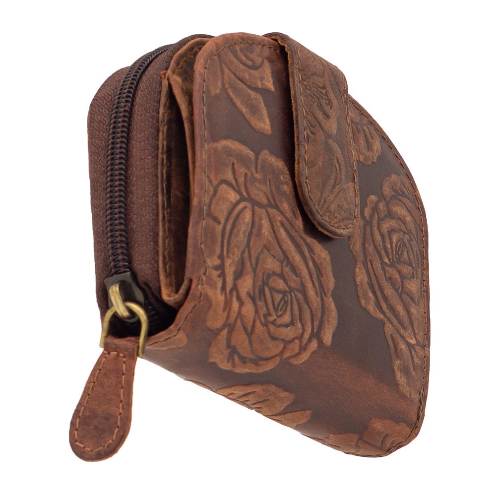 Damen Geldbörse aus Echtleder mit RFID-Schutz, Braun, 11 × 8,5 × 3 cm, Rosenprägung, Reißverschluss