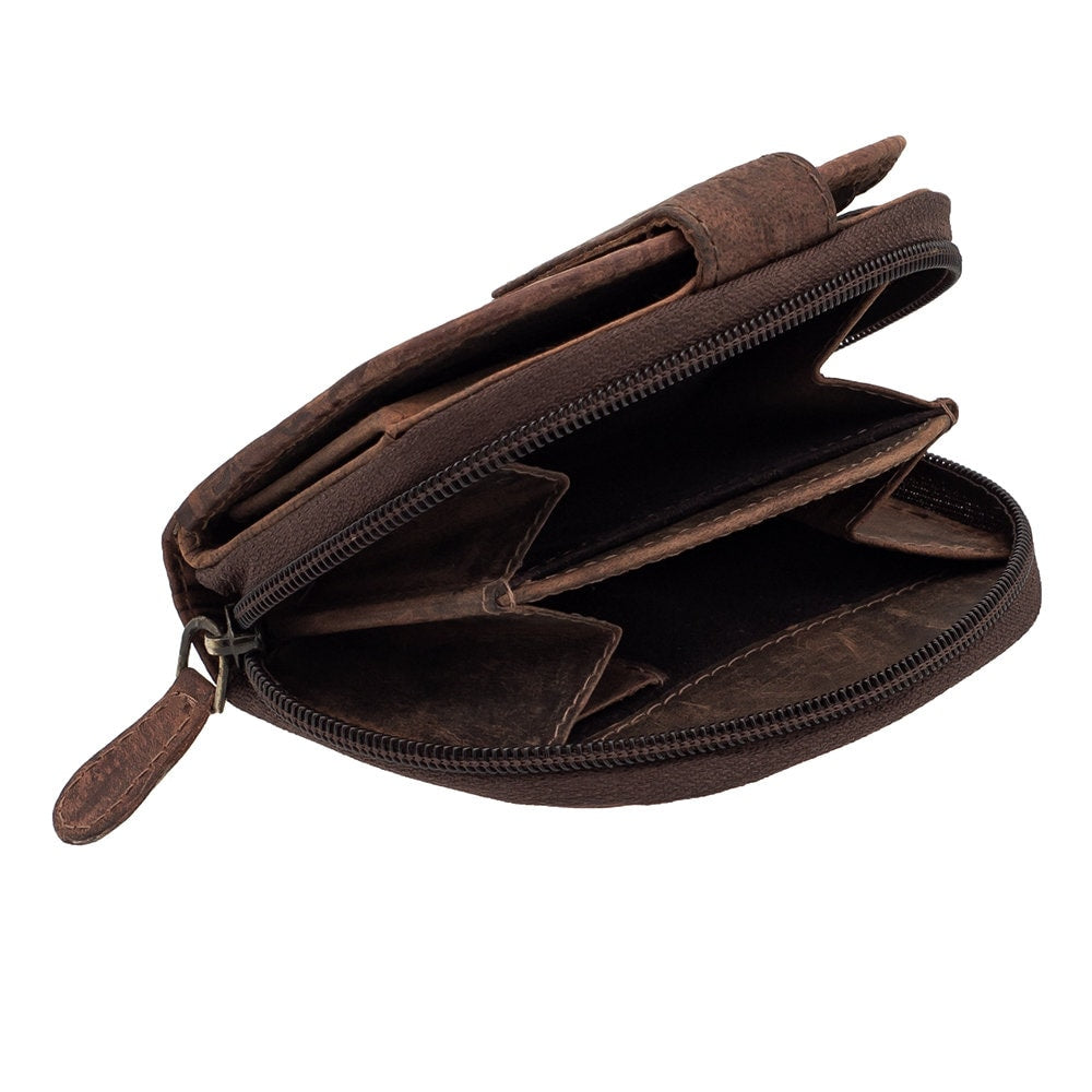 Damen Geldbörse aus Echtleder mit RFID-Schutz, Braun, 11 × 8,5 × 3 cm, Rosenprägung, Reißverschluss