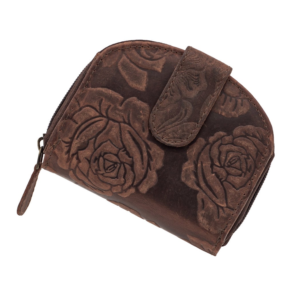 Damen Geldbörse aus Echtleder mit RFID-Schutz, Braun, 11 × 8,5 × 3 cm, Rosenprägung, Reißverschluss