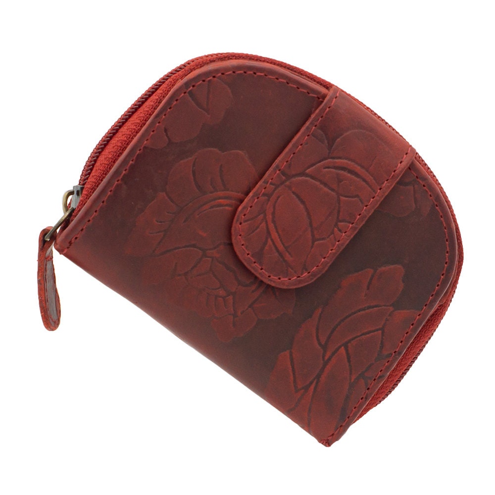 Damen Geldbörse aus Echtleder mit RFID-Schutz, Rot, 11 × 8,5 × 3 cm, Rosenprägung, kompakt