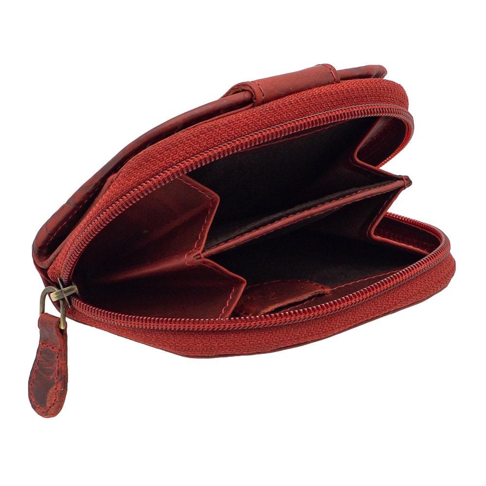 Damen Geldbörse aus Echtleder mit RFID-Schutz, Rot, 11 × 8,5 × 3 cm, Rosenprägung, kompakt