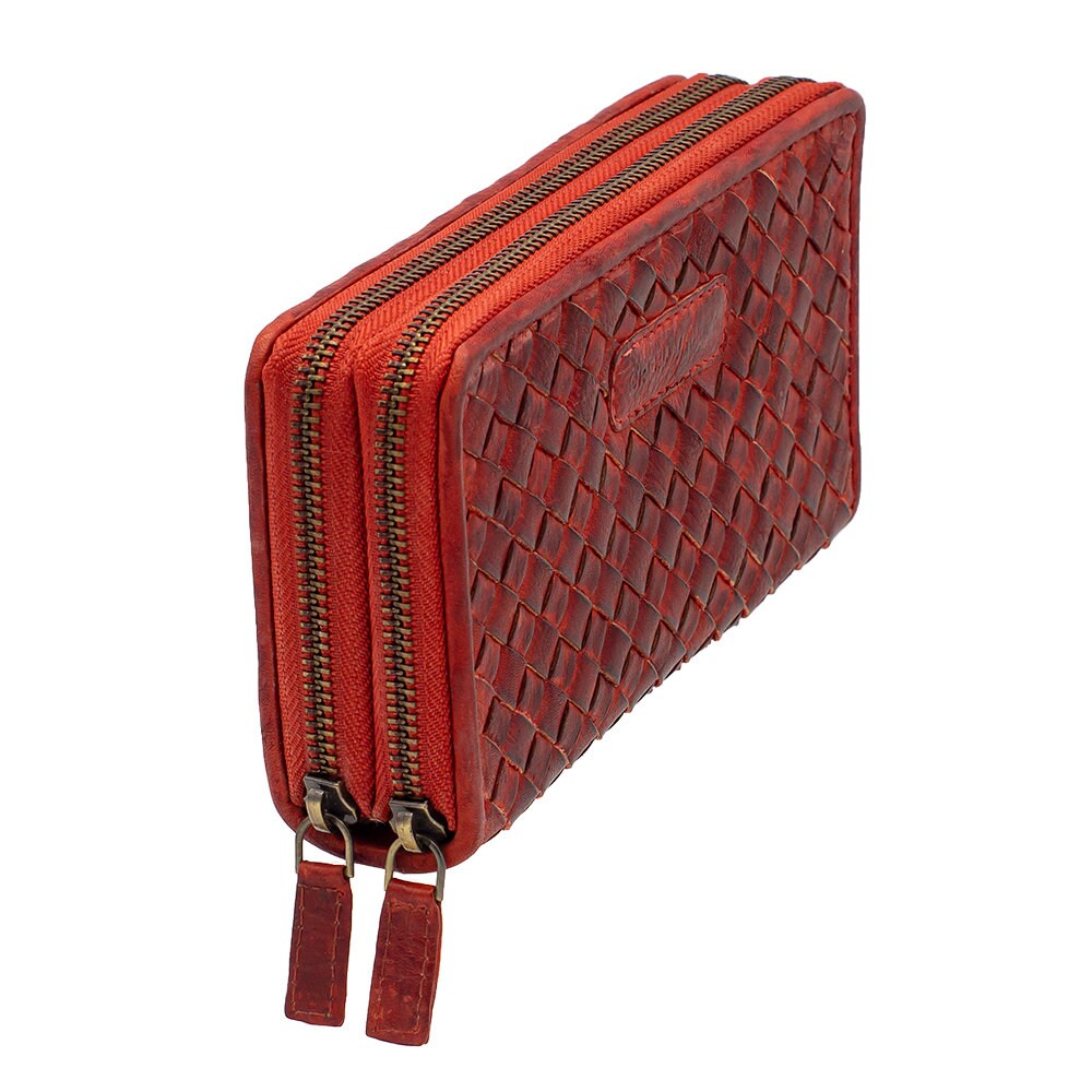 Damen Geldbörse aus Echtleder mit RFID-Schutz, Rot, 14 × 10 × 4,5 cm, florale Prägung und Reißverschluss