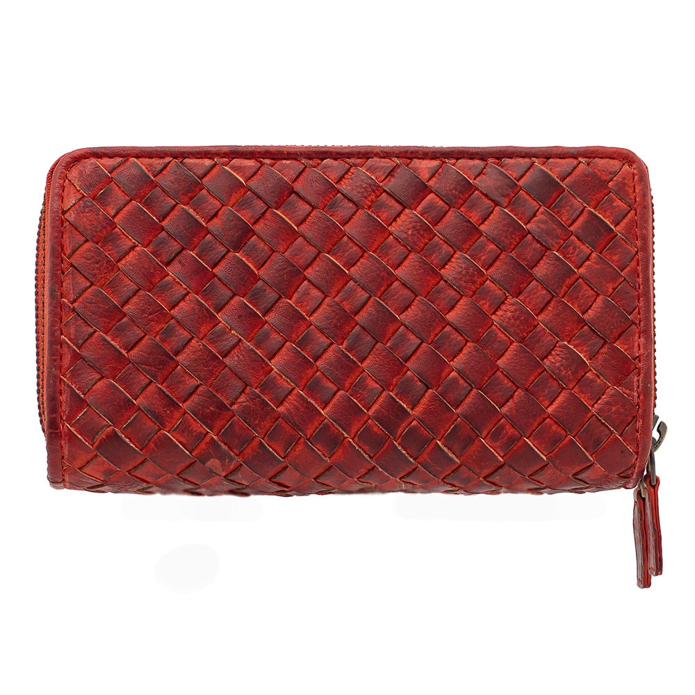 Damen Geldbörse aus Echtleder mit RFID-Schutz, Rot, 14 × 10 × 4,5 cm, florale Prägung und Reißverschluss