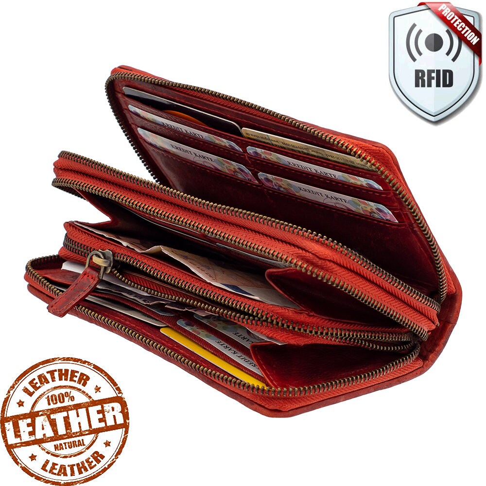 Damen Geldbörse aus Echtleder mit RFID-Schutz, Rot, 14 × 10 × 4,5 cm, florale Prägung und Reißverschluss
