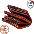 Damen Geldbörse aus Echtleder mit RFID-Schutz, Rot, 14 × 10 × 4,5 cm, florale Prägung und Reißverschluss