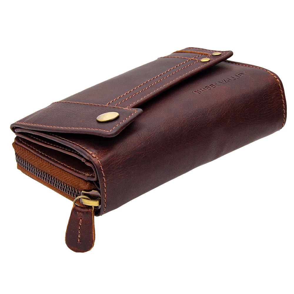 Damen Geldbörse aus Echtleder mit RFID-Schutz, Dunkelbraun, 14 × 10 × 3,5 cm, 13 Kartenfächer und Münzfach