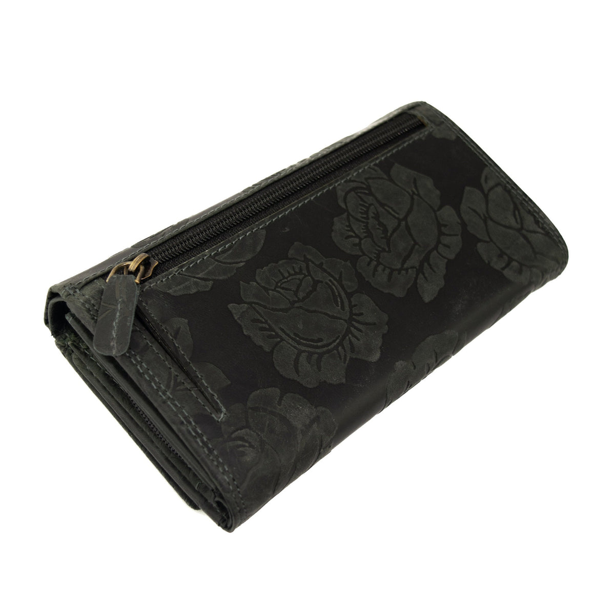 Damen Geldbörse aus Echtleder mit RFID-Schutz, Schwarz, 18 × 10 × 4,5 cm, 17 Kartenfächer und Rosenprägung