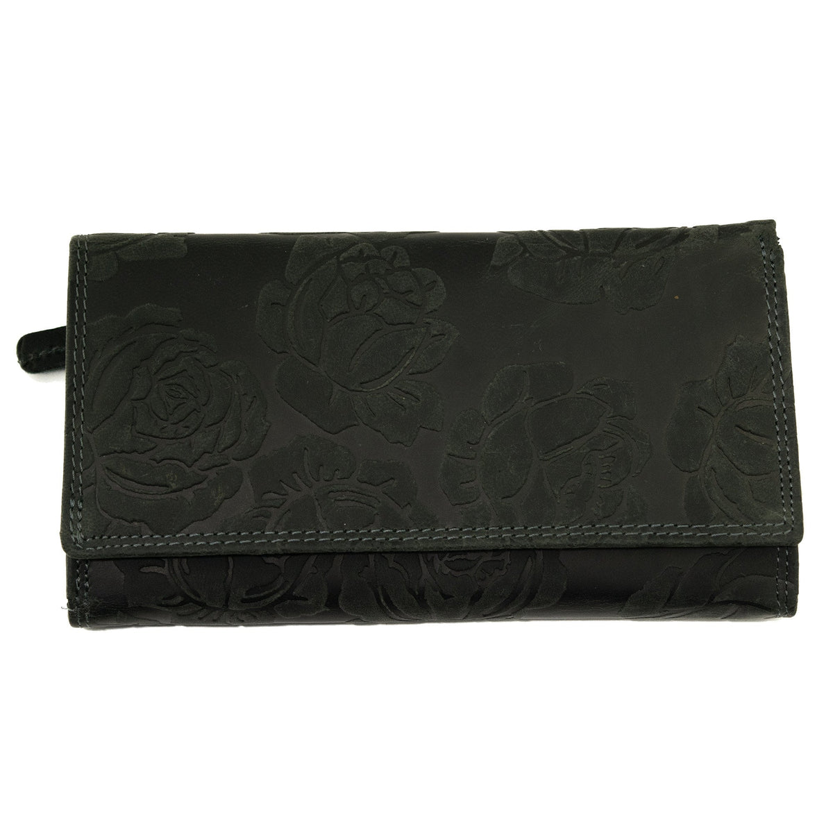 Damen Geldbörse aus Echtleder mit RFID-Schutz, Schwarz, 18 × 10 × 4,5 cm, 17 Kartenfächer und Rosenprägung