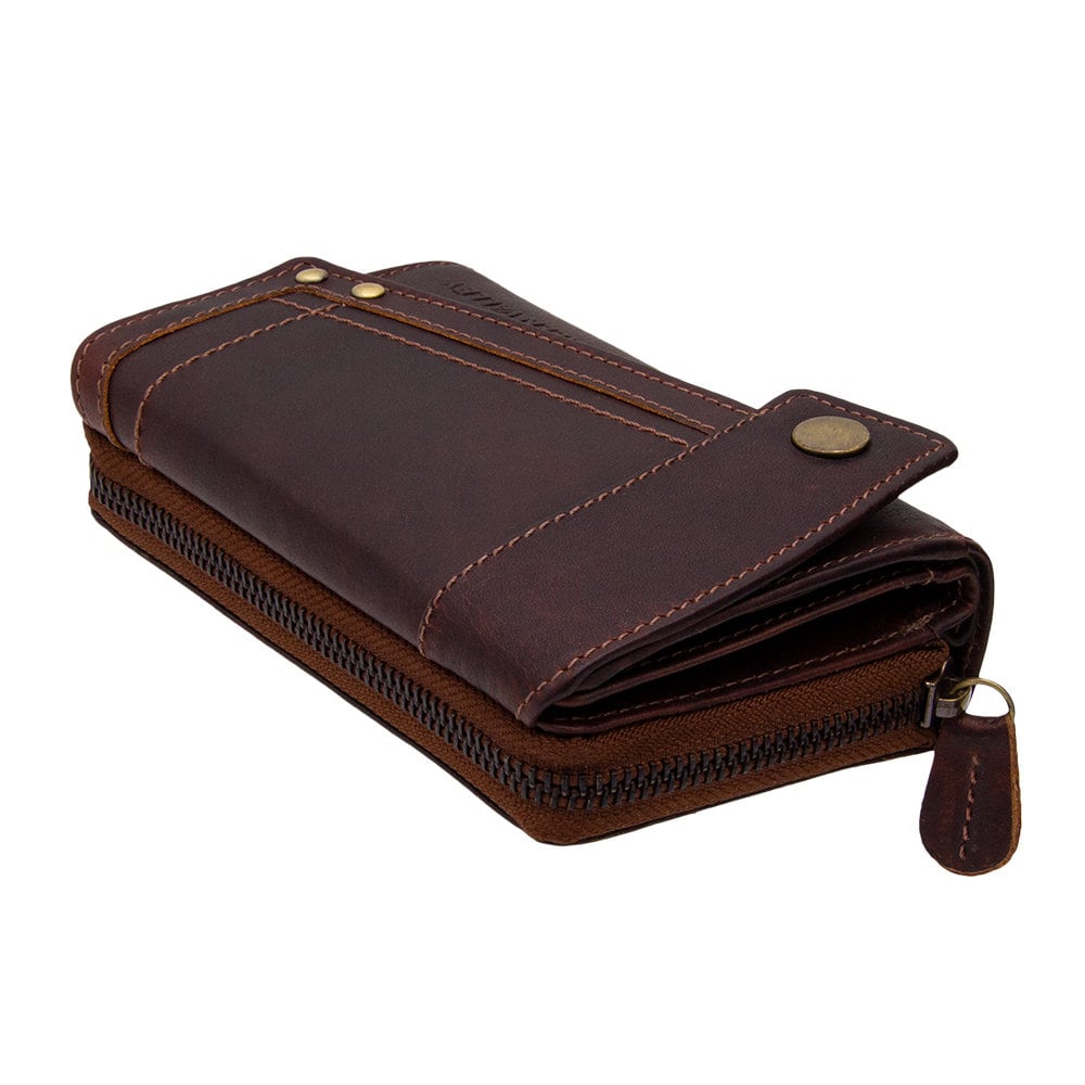 Damen Geldbörse aus Echtleder mit RFID-Schutz, Dunkelbraun, 14 × 10 × 3,5 cm, 13 Kartenfächer und Münzfach