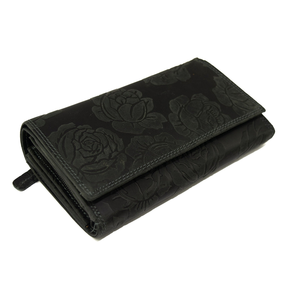 Damen Geldbörse aus Echtleder mit RFID-Schutz, Schwarz, 18 × 10 × 4,5 cm, 17 Kartenfächer und Rosenprägung