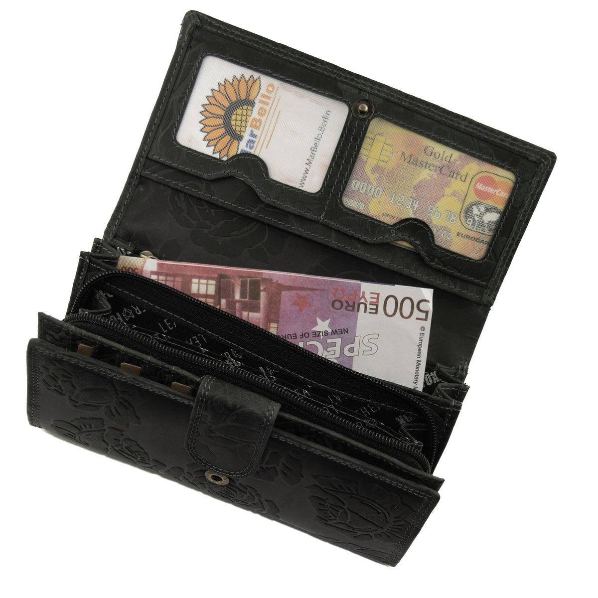 Damen Geldbörse aus Echtleder mit RFID-Schutz, Schwarz, 18 × 10 × 4,5 cm, 17 Kartenfächer und Rosenprägung