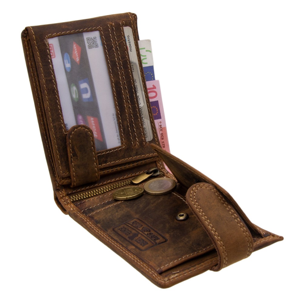 Herren Geldbörse aus Echtleder mit RFID-Schutz, Braun, 12 × 9,5 × 2,5 cm, 15 Kartenfächer und Münzfach