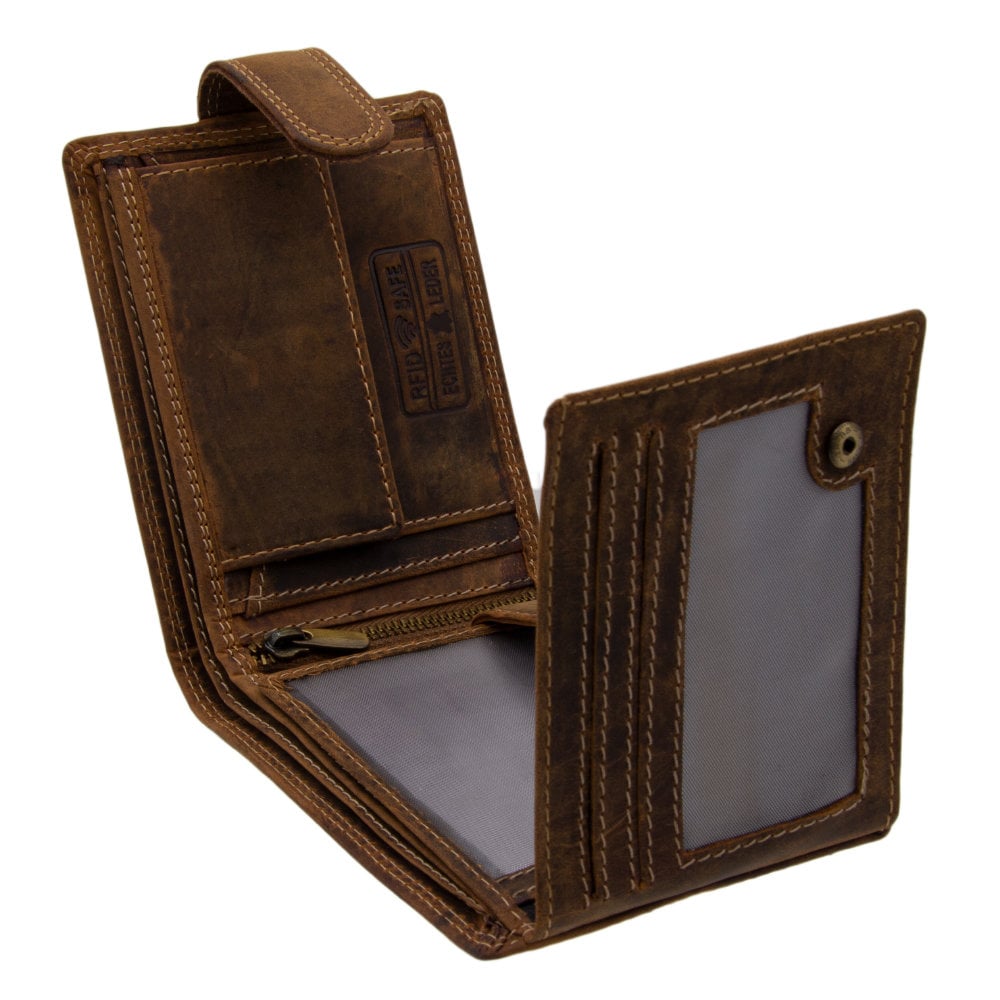 Herren Geldbörse aus Echtleder mit RFID-Schutz, Braun, 12 × 9,5 × 2,5 cm, 15 Kartenfächer und Münzfach