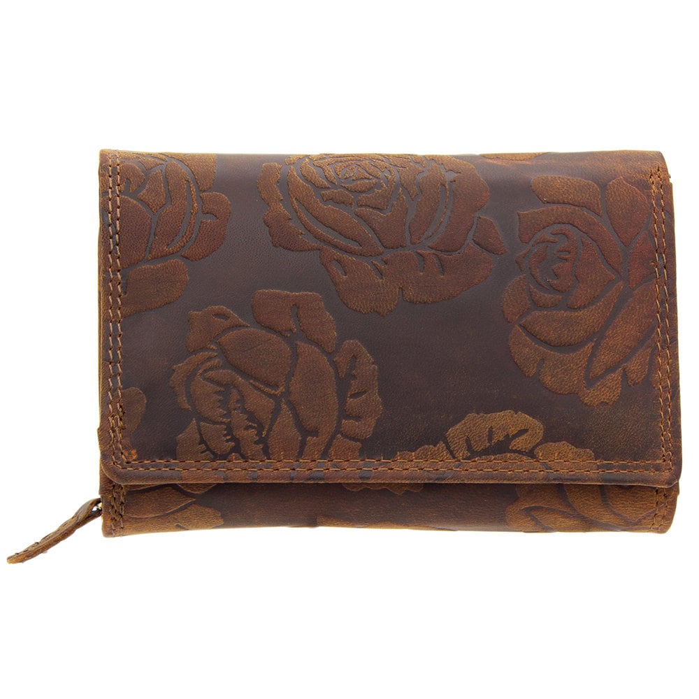Damen Geldbörse aus Echtleder mit RFID-Schutz, Braun, 15 × 10 × 4,5 cm, Rosenprägung, 12 Kartenfächer