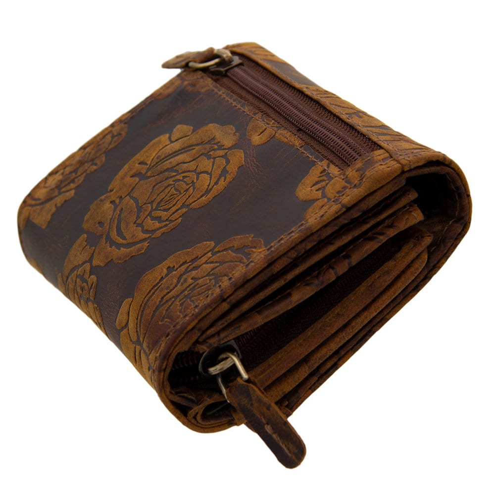 Damen Geldbörse aus Echtleder mit RFID-Schutz, Braun, 15 × 10 × 4,5 cm, Rosenprägung, 12 Kartenfächer