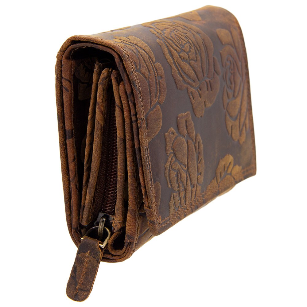 Damen Geldbörse aus Echtleder mit RFID-Schutz, Braun, 15 × 10 × 4,5 cm, Rosenprägung, 12 Kartenfächer