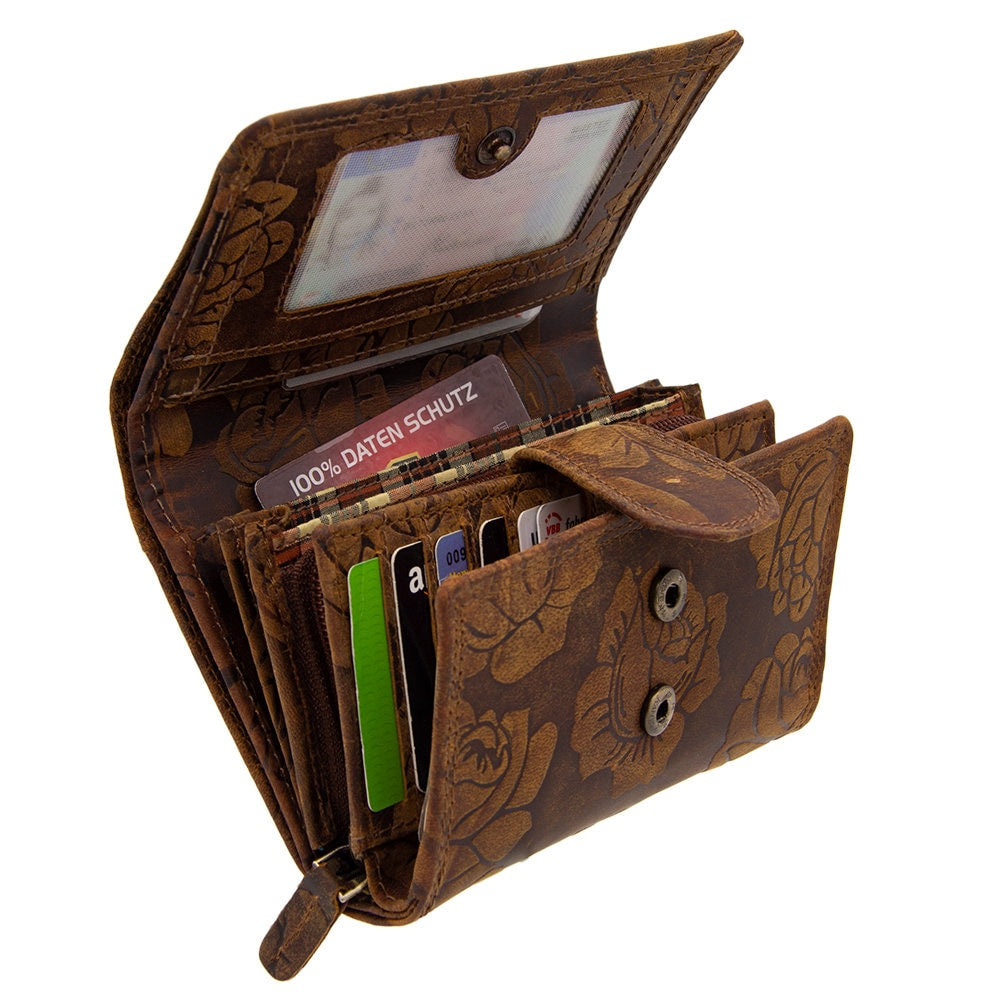 Damen Geldbörse aus Echtleder mit RFID-Schutz, Braun, 15 × 10 × 4,5 cm, Rosenprägung, 12 Kartenfächer