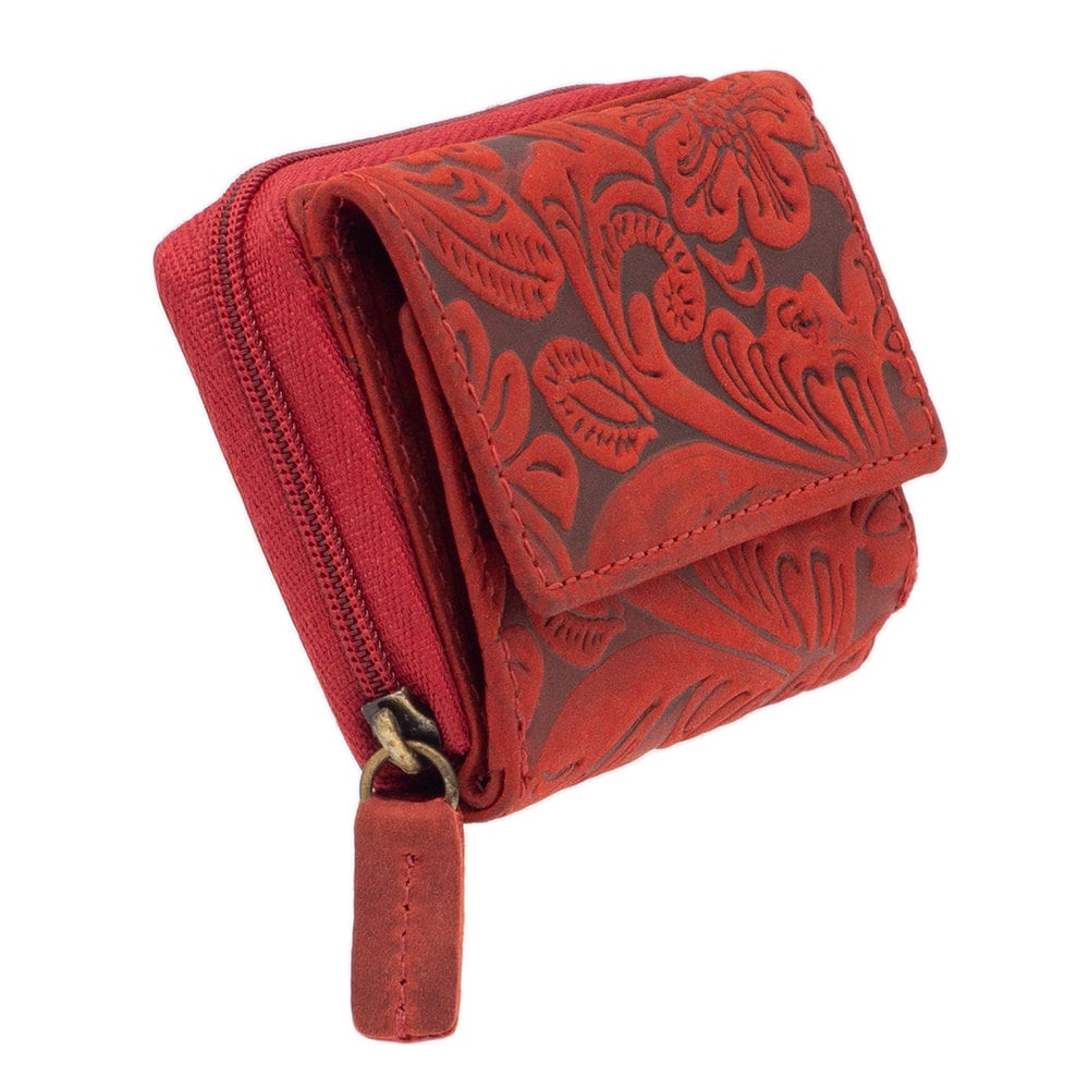 Damen Geldbörse aus Echtleder mit RFID-Schutz, Rot, 9 × 7,5 × 2,5 cm, Blumenprägung, 18 Kartenfächer