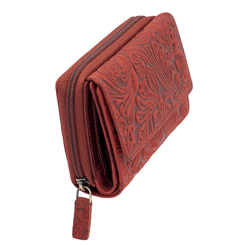 Damen Geldbörse aus Echtleder mit RFID-Schutz, Rot, 14 × 10 × 4,5 cm, florale Prägung, 12 Kartenfächer