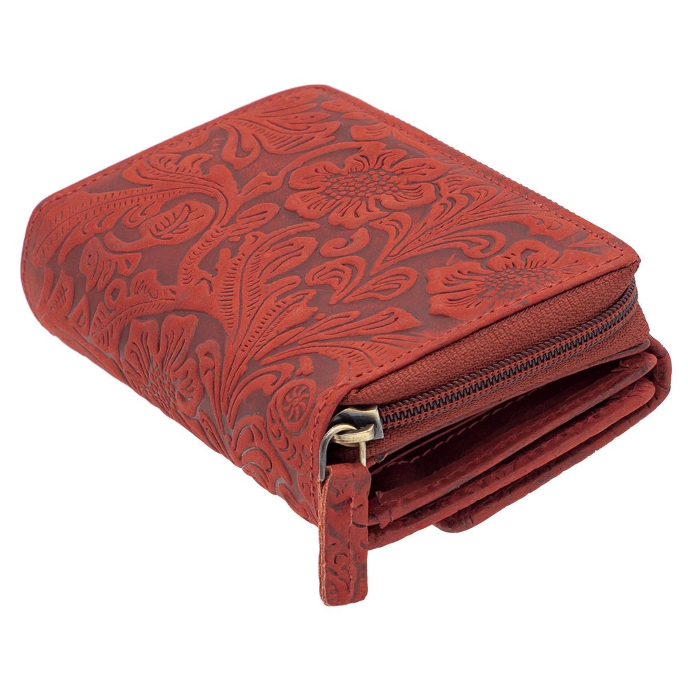 Damen Geldbörse aus Echtleder mit RFID-Schutz, Rot, 14 × 10 × 4,5 cm, florale Prägung, 12 Kartenfächer