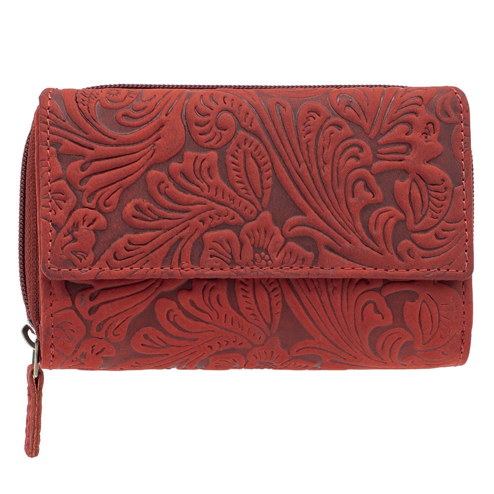 Damen Geldbörse aus Echtleder mit RFID-Schutz, Rot, 14 × 10 × 4,5 cm, florale Prägung, 12 Kartenfächer